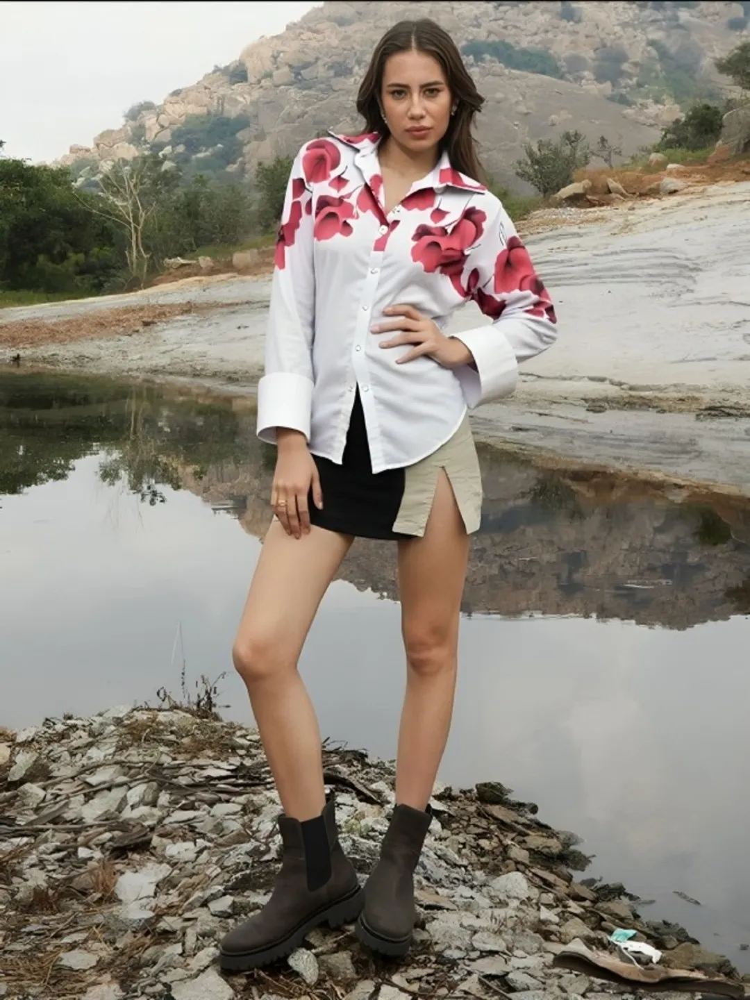 womens pink floral printed shirt